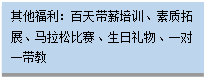 文本框:其他福利：百天带薪培训、素质拓展、马拉松比赛、生日礼物、一对一带教